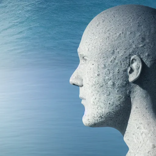 Prompt: award winning sculpture of a human head and space, on the surface of the ocean, realistic water, ray tracing, 8 k resolution, long - shot, sharp focus, low angle, 8 5 mm photograph, wide lens