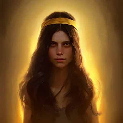 Prompt: highly detailed portrait of a young woman with long dark hair and a golden headband, art by greg rutkowski, unreal engine, high quality, vivid, stunning lighting, symmetry