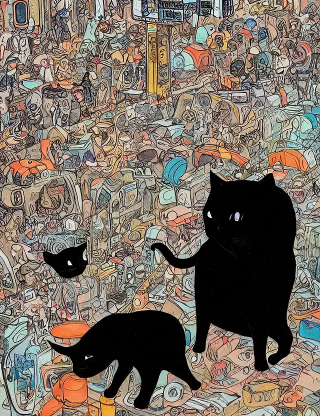 Prompt: realistic portrait of a stoned black cat and a tiny elephant in the very busy NYC subway looking at a train arriving to late by James Jean