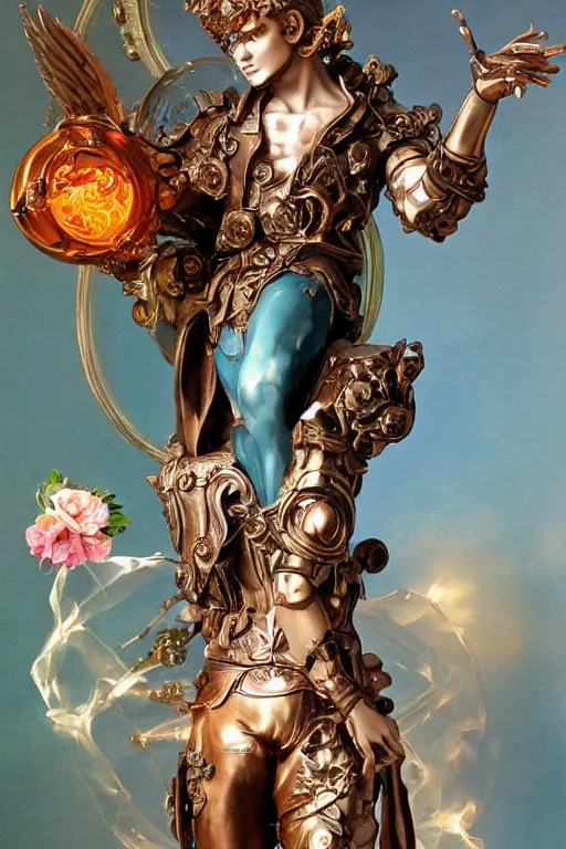 Image similar to a young handsome Spanish metal android with a large glowing sakura-color lit crystal in the center of his chest, full-body bronze cyberpunk style statue of Icarus with glowing blue eyes, crown of mechanical peach roses, flowing teal-colored silk, fabric, steampunk flowers. baroque elements, human skull. full-length view. baroque element. intricate artwork by caravaggio. many flying horses on background. Trending on artstation, octane render, cinematic lighting from the right, hyper realism, octane render, 8k, depth of field, 3D