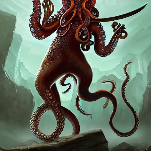 Prompt: octopus barbarian, digital artstation painting 8k intricate dramatic light