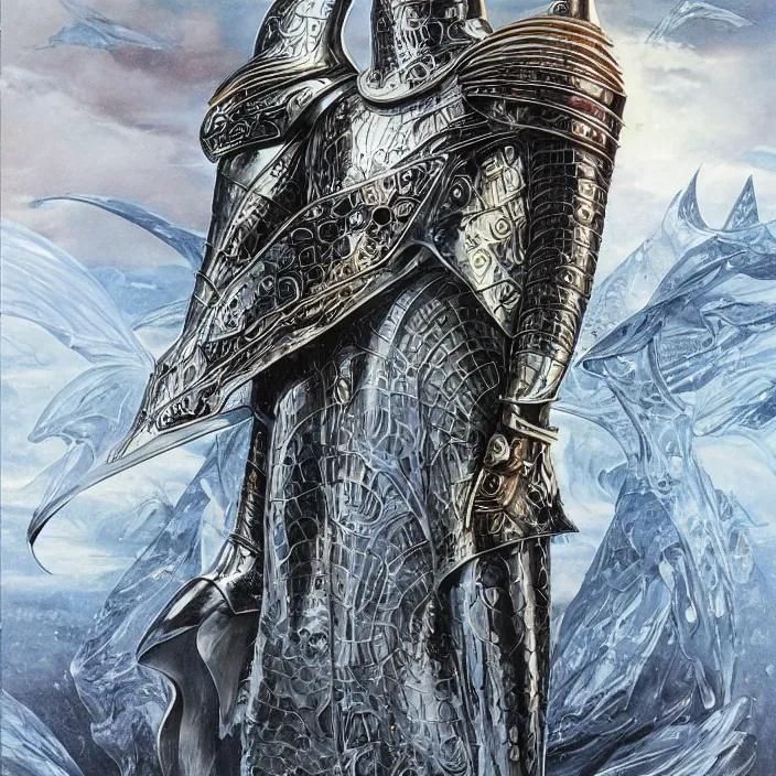 Prompt: teutonic knight, full body, high fashion, latex, futurist, aerodynamic, metallic, sharp, flowing, slick, highly detailed, motion, concept art, smooth, sharp focus, hd, art by alex grey and bruce pennington and annie leibovitz