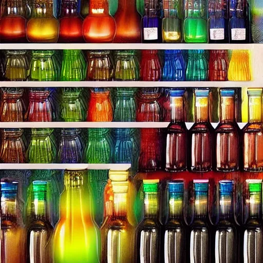 Prompt: On the shelf are bottles with multi-colored universes inside. Alchemist's desktop. fantasy