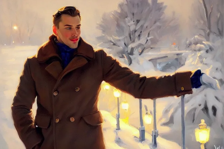 Prompt: attractive man chatting, winter, night, painting by vladimir volegov, j. c. leyendecker, tom of finland, trending on artstation