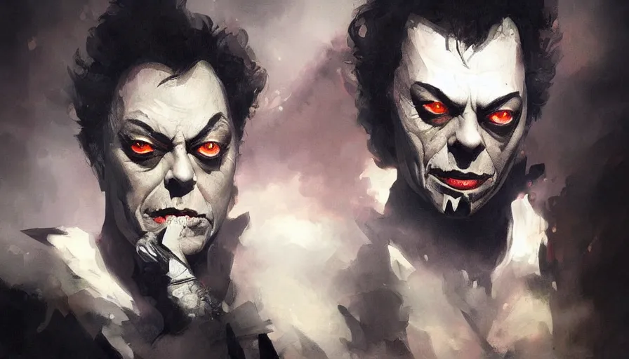 Image similar to A beautiful painting of a Tim curry as darkness by greg rutkowski and Kalin Popov , Trending on artstation HD.