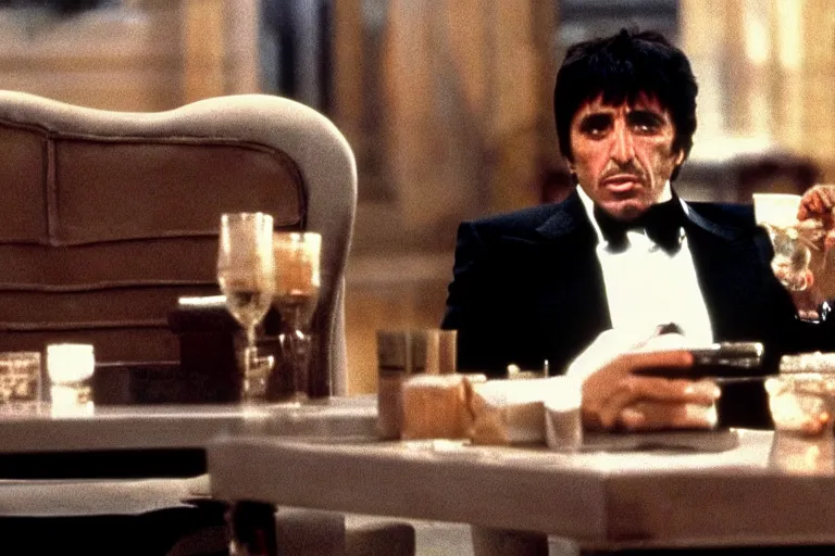 Image similar to tony montana from movie scarface 1 9 8 3 sitting behind a big black oak table with big large packages of flour. al pacino. perfect symmetric face, coherent eyes, close up, fine details, 4 k, ron cobb. last scene from scarface movie, bokeh