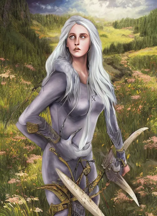 Image similar to A fantasy comic book roleplaying game style portrait painting of Maika Monroe as a grey elf in a mountain meadow sanctuary, DAZ, hyperrealistic, ambient light, dynamic light