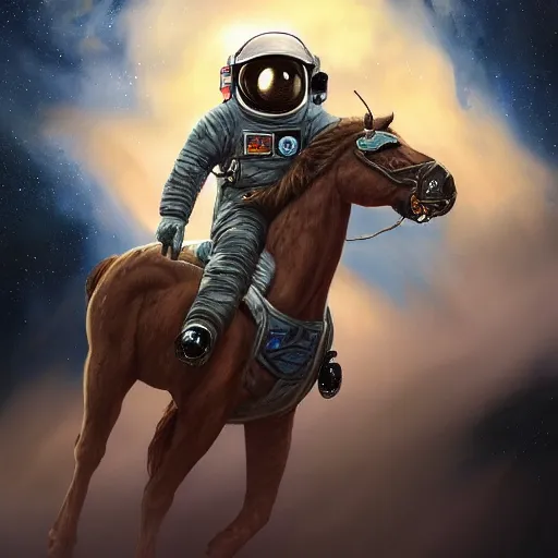 Prompt: award winning painting of an astronaut riding a horse in outer space, character art, sci-fi, high-detailed, vivid, trending on artstation