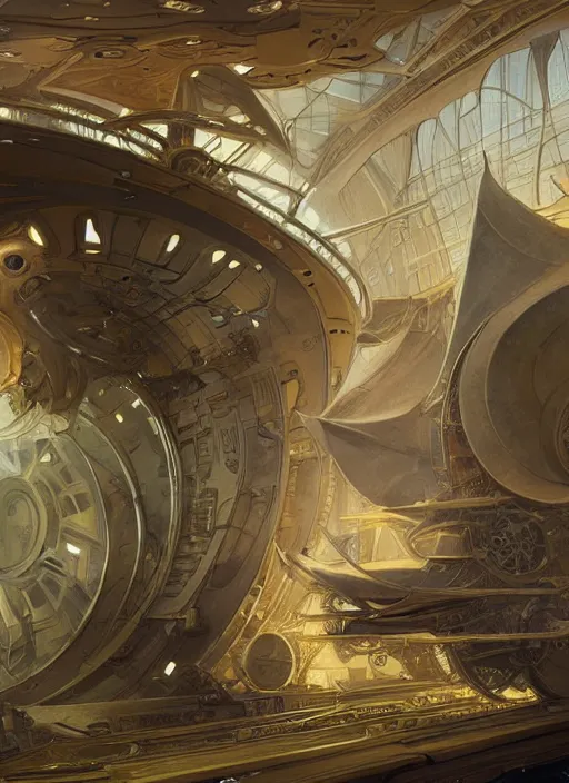 Image similar to epic concept illustration | highly detailed | intricate mechanical design | star fleet nautilus ship being prepared for launch | by greg rutkowski and alphonse mucha. uhd | amazing depth | cinematic lighting