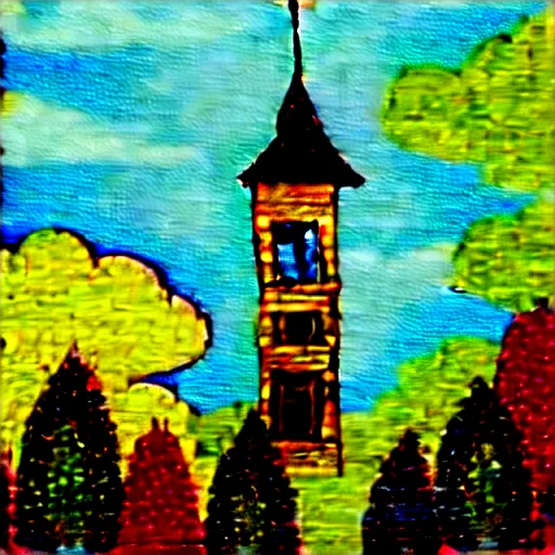 Image similar to quaint painting of an old wooden clocktower emerging from a canopy of trees