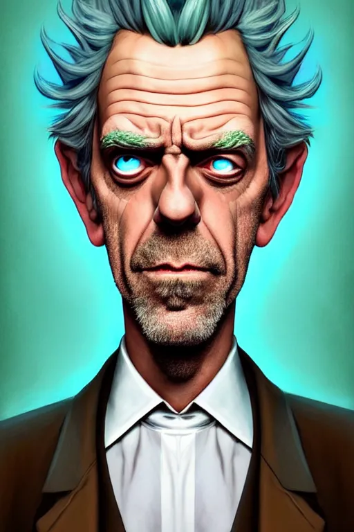 Image similar to Hugh Laurie as crazy genius Rick Sanchez from Rick and Morty, unibrow, white robe, big eyes, realistic portrait, symmetrical, highly detailed, digital painting, artstation, concept art, smooth, sharp focus, illustration, cinematic lighting, art by artgerm and greg rutkowski and alphonse mucha