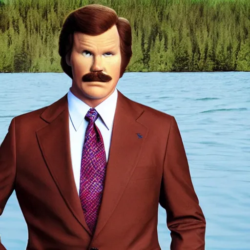 Image similar to Realistic image: Ron Burgundy standing near a lake