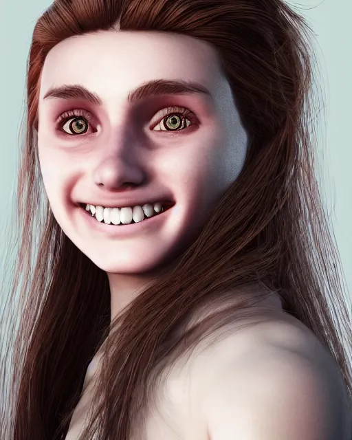 Image similar to symmetry!! portrait of 1 5 - year - old girl with voluminous bushy brown hair, large front teeth, and bright piercing brown eyes, unreal 5, daz, hyperrealistic, octane render, cosplay, rpg portrait, dynamic lighting