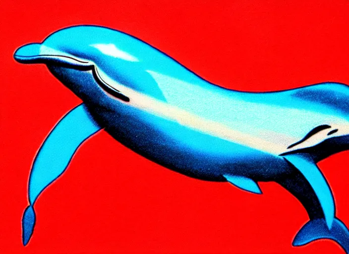 Image similar to professional 1980s airbrush illustration of a dolphin wearing a powdered wig