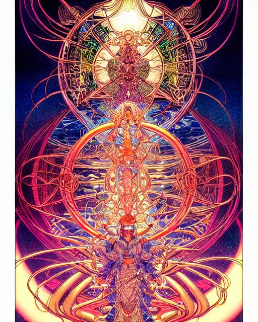 Prompt: hyper detailed illustration of the god of light, prismatic, kami, intricate linework, lighting poster by moebius, ayami kojima, 90's anime, retro fantasy