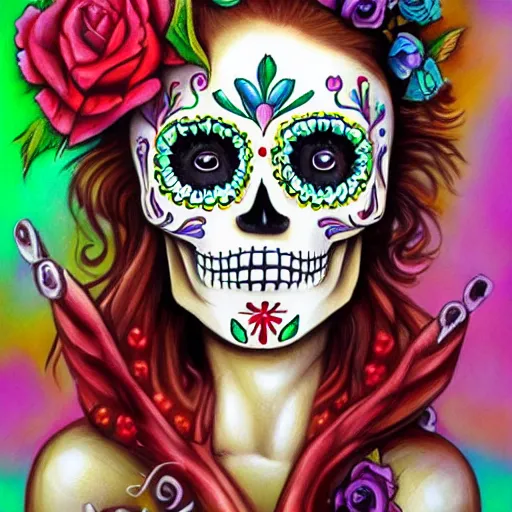 Image similar to illustration of a sugar skull day of the dead girl, art by julie bell