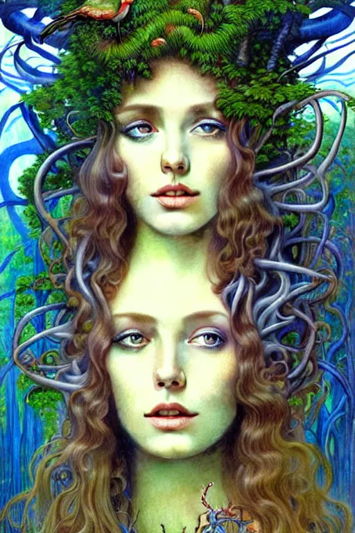 Image similar to realistic detailed face portrait painting of the beautiful beyounce with long hair with sci-fi headwear, futuristic sci-fi forest on background by Jean Delville, Amano, Yves Tanguy, Alphonse Mucha, Edward Robert Hughes, Roger Dean, rich moody colours, blue eyes