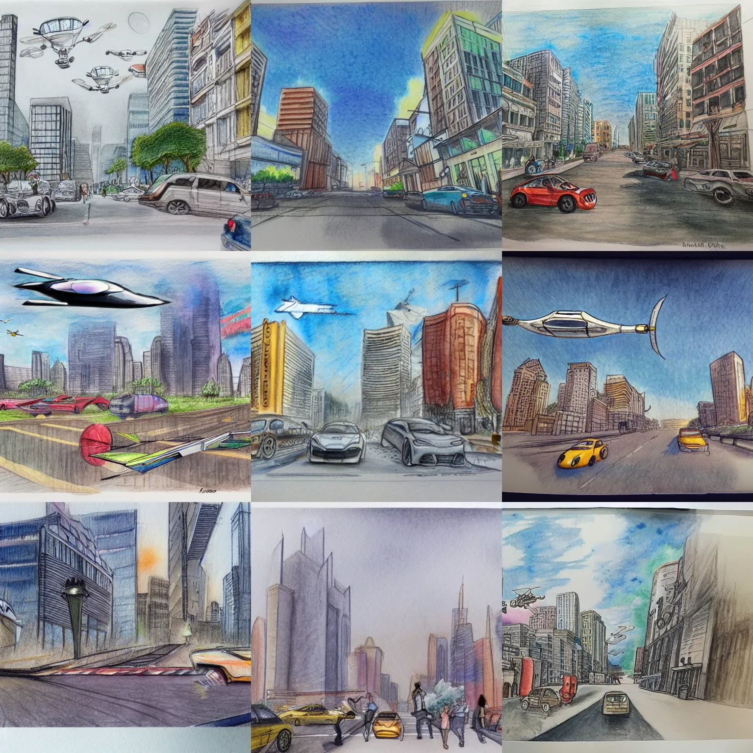 Prompt: a pencil and watercolor drawing of a bright city in the future with flying cars