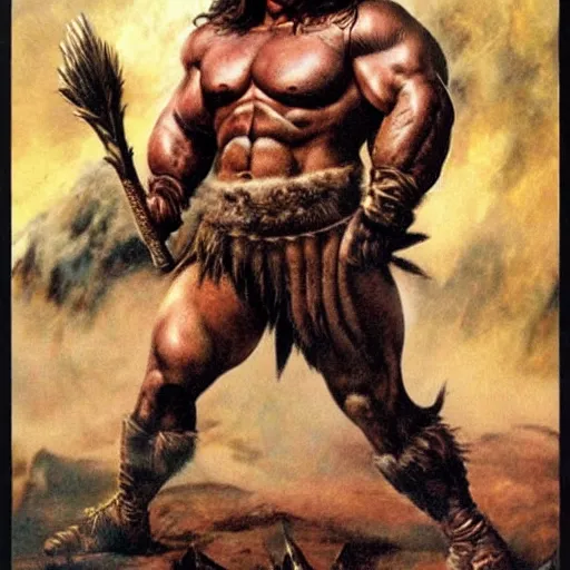 Prompt: extremely muscular Donald Trump looking like Conan the barbarian, fantasy, movie poster, by Frank Frazetta