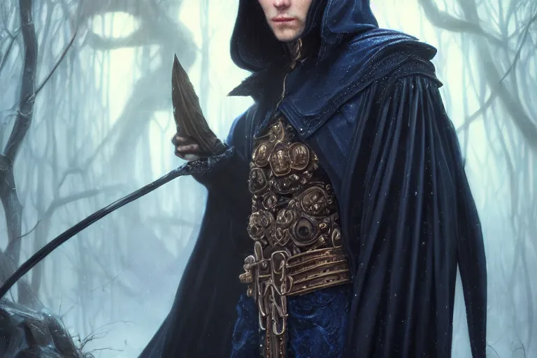 Prompt: ultrarealistic male mage face portrait fighting, long black hair blue eyes wearing leather mantle gothic navy cloak with leather details, bone plants, fantasy character portrait, octane render, extreme intricate details, elegant, cinematic lighting, highly detailed, artstation, dnd art, cgsociety, sharp focus, beautiful digital painting by artgerm, gerald brom, wlop, alphonse mucha