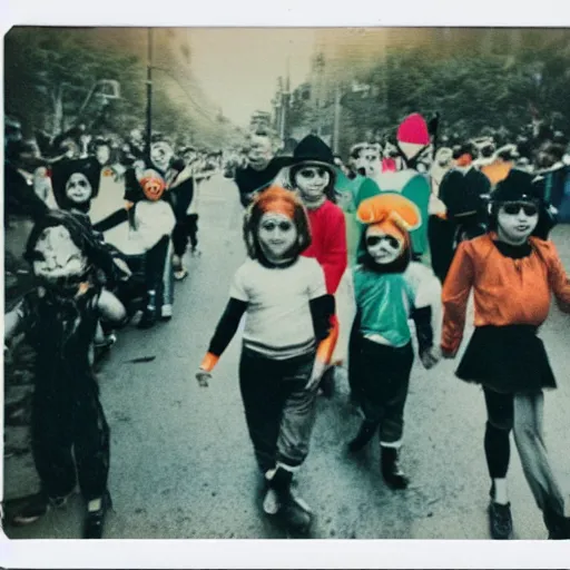 Image similar to a vivid, colorful polaroid photograph of kids in Halloween costumes marching in a parade