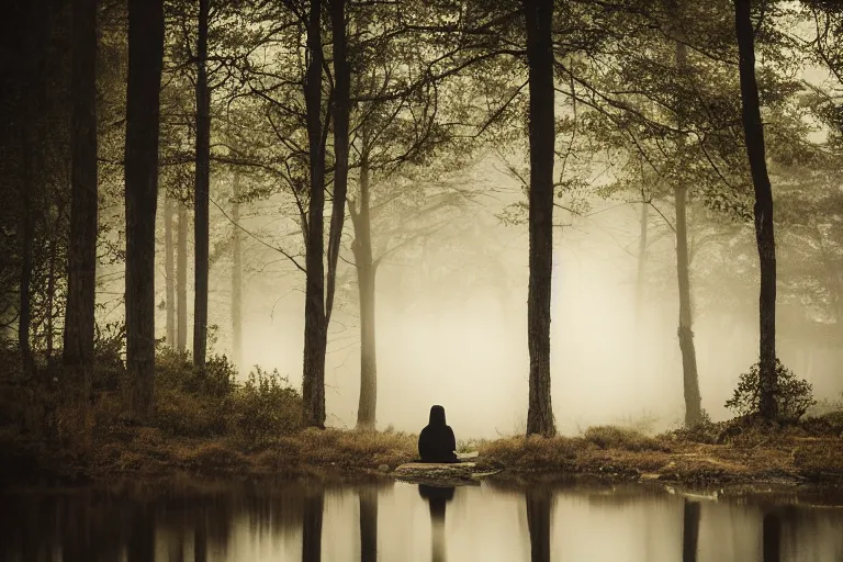 Prompt: hooded knight in a cape and shiny armour meditating in a foggy forest at dusk by a river professional photography, elegant, highly detailed, sharp focus