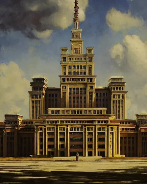 Image similar to the palace of culture and science in warsaw, poland. fantasy art by greg rutkowski, gustave courbet, rosa bonheur, edward hopper. faithfully depicted architecture, realistic, sharp focus, global illumination, radiant light, detailed and intricate environment, trending on artstation