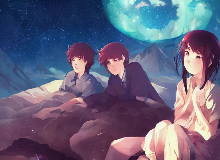 Prompt: watching the stars at night, on a mountain, by wlop, anime key visual, poster