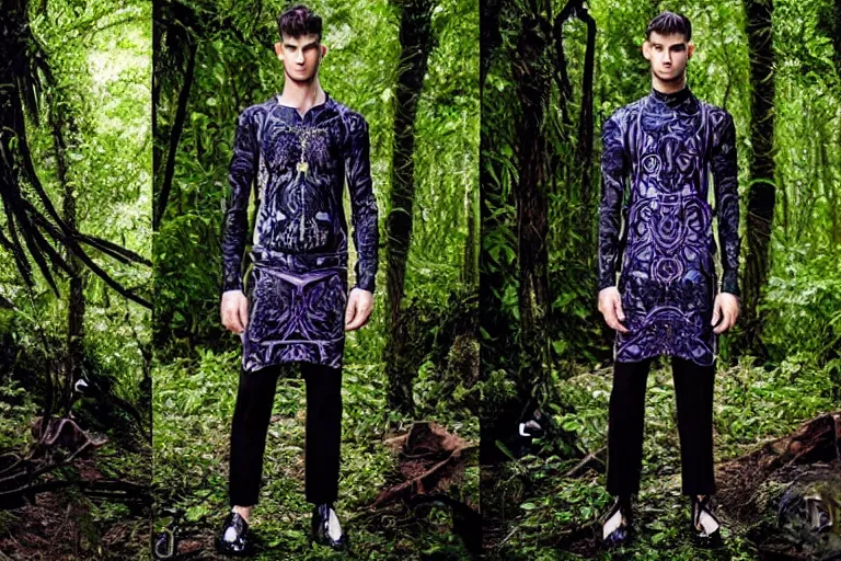 Prompt: versace avant garde male tunics posing in the jungle woods intricate modern choatic textiles streetwear cyberpunk dark cloudy overcast