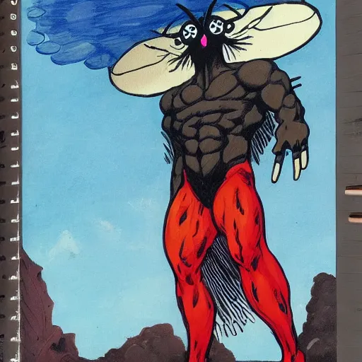 Image similar to ripped physique telekinesis man disguised as a mothman whilst wearing a fireman costume transmetropolitan jen bartel winslow homer darick robertson staedtler