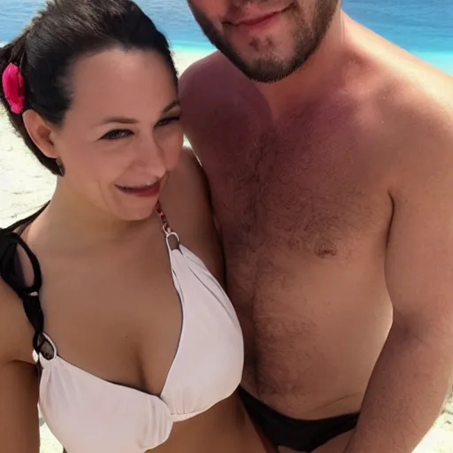 Image similar to photo of a 4 0 year old man that looks young for his age dating a very attractive 2 2 year old woman wearing a bikini. they seem to be into eachother.