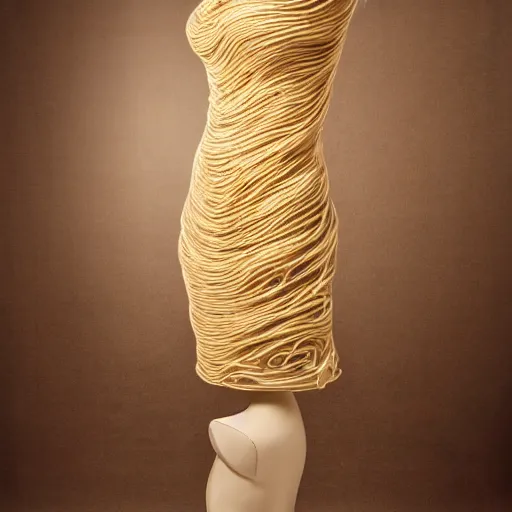 Image similar to a beautiful dress made out of noodles, on a mannequin. high quality, high resolution, studio lighting