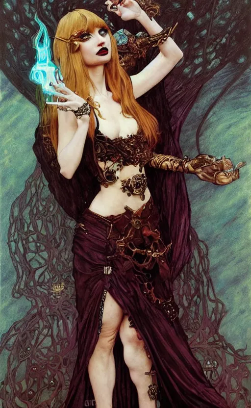 Image similar to full length portrait of a woman who is a hybrid of cookie monster and taylor swift, sorcereress using dark seduction magic, d & d, medieval, fantasy, royo, klimt, miro, vallejo, frazetta, alphonse mucha, greg rutkowski, whealan