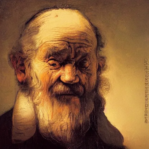 Prompt: character concept portrait of old man by Rembrandt van Rijn, on simple background, oil painting, middle close up composition
