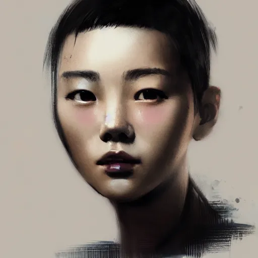 Prompt: portrait of a korean girl with short hair, men's haircut, dramatic lighting, illustration by greg rutkowski, yoji shinkawa, 4 k, digital art, concept art, trending on artstation