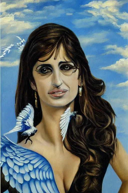 Image similar to oil painting, portrait of penelope cruz with wings, artwork by salvador dali