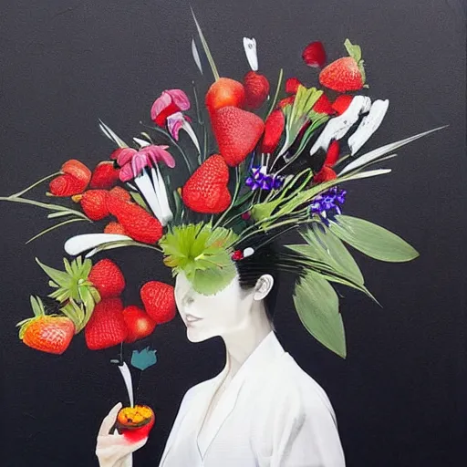 Image similar to “art in an Australian artist’s apartment, portrait of a woman wearing black silk cloth, eating luscious fresh raspberries and strawberries and blueberries, white wax, edible flowers, Japanese pottery, Australian native flannel flowers ikebana, black walls, acrylic and spray paint and oilstick on canvas”