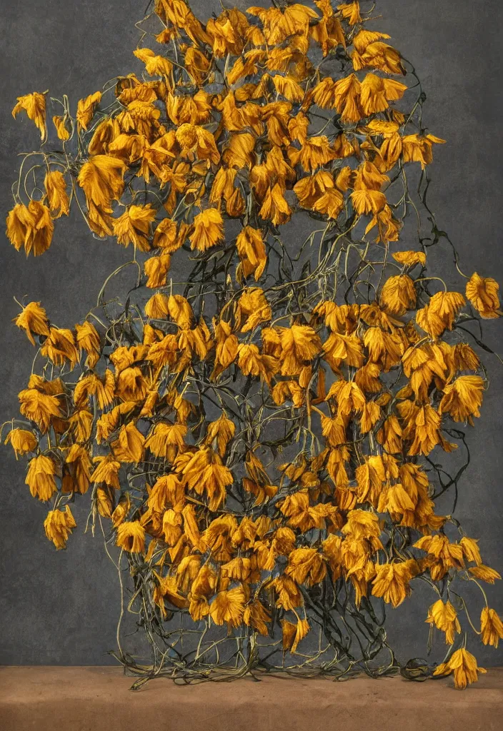 Image similar to award winning fine artwork about withered sunflowers and dry nasturtiums with vines, dark tones