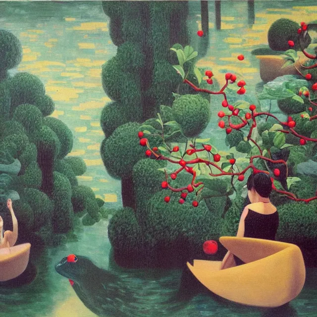 Image similar to painting of flood waters inside an art gallery, sensual female emo art student, a river flooding indoors, pomegranates, pigs, ikebana, water, octopus, river, rapids, waterfall, black swans, canoe, berries, acrylic on canvas, surrealist, by magritte and monet