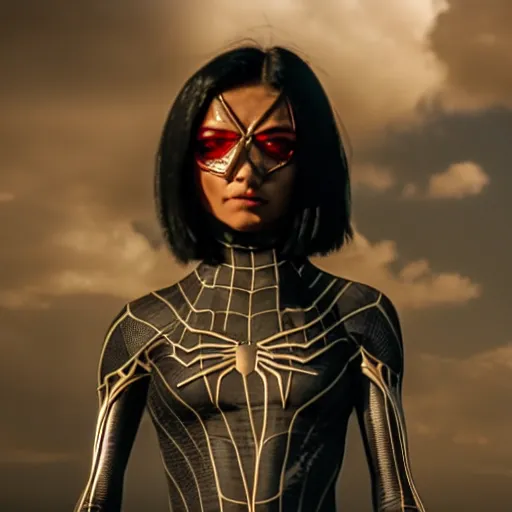 Image similar to cinematic still of spiderwoman in alita : battle angel ( 2 0 1 9 ), xf iq 4, f / 1. 4, iso 2 0 0, 1 / 1 6 0 s, 8 k, raw, dramatic lighting, symmetrical balance, in - frame