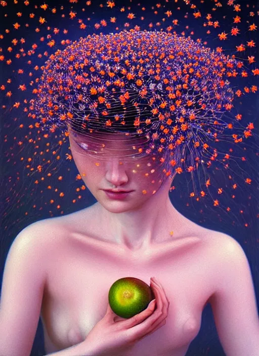 Image similar to hyper detailed 3d render like a Oil painting - Aurora (Singer) Eats of the Strangling Fruit and Her delicate Hands full of gossamer polyp blossoms bring iridescent translucent fungal flowers whose spores black the foolish stars by Jacek Yerka, Mariusz Lewandowski, Houdini algorithmic generative render, Abstract brush strokes, Masterpiece, Edward Hopper and James Gilleard, Zdzislaw Beksinski, Mark Ryden, Wolfgang Lettl, hints of Yayoi Kasuma, octane render, 8k