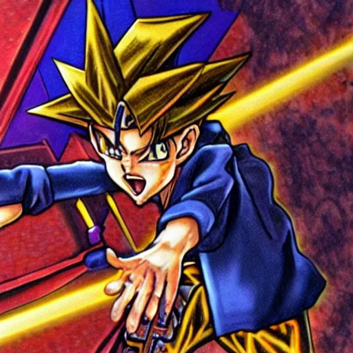 Image similar to Yugi from Yu-gi-oh summoning exodia in hyper realistic, 8k, accurate detail, high detail, Richard Estes