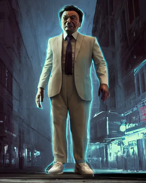 Image similar to Peter Falk's Detective Columbo as a robot, hyperdetailed, full body, LED effects, glowing eyes, professional paint job, standing in a city street, distressed paint, photoreal, caustics, octane render, redshift render, Vray render, all in focus, unreal engine, post processing, ultra detailed, trending on artstation