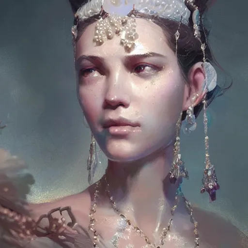 Image similar to a beautiful portrait of a pearl goddess by greg rutkowski and raymond swanland, trending on artstation, ultra realistic digital art