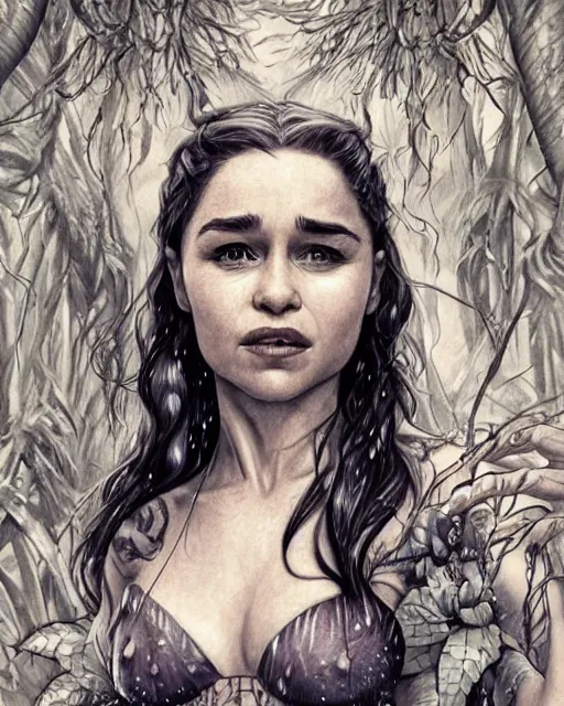 Prompt: emilia clarke as a beautiful tattooed female maid wearing a magical bikini in a magical forest, highly detailed and realistic face, rain drops on face, beautiful detailed eyes with a piercing gaze, fantasy art, in the style of artgerm, illustration, epic, fantasy, intricate, hyper detailed, artstation, concept art, smooth, sharp focus, ray tracing, vibrant, photorealistic