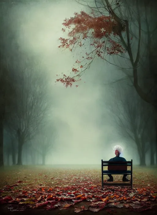 Prompt: conceptual photography portrait of an old man on a park bench fading into nothing, autumn tranquility, forgetfulness, fading to dust and leaves, oblivion, inevitability, aging, surreal portrait, moody, by tom bagshaw, hopeless, 4 k