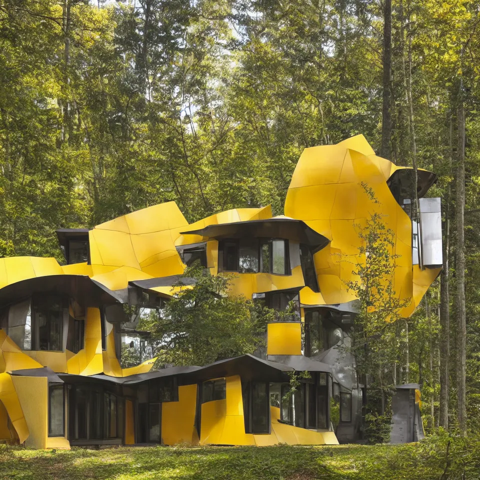 Prompt: architecture ad for a simple house in the forest, designed by Frank Gehry. Big Tiles. Film grain, cinematic, yellow hue