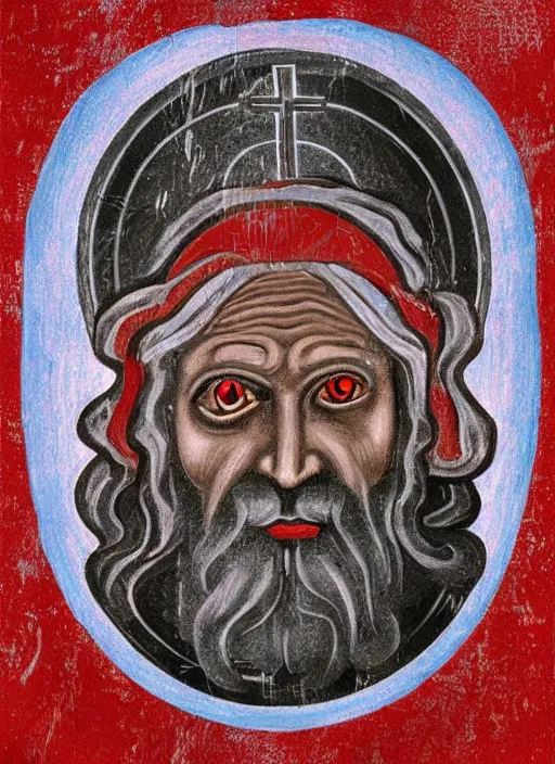 Prompt: old man with red eyes, infernal icon with halo, color art in church style 4 k