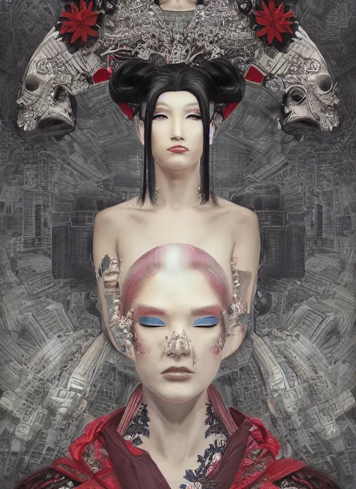 Prompt: portrait of a seductive cyberpunk geisha, yakuza, modern fine art, fractal, in the style of ghosts in the machine, intricate ornaments, elegant, highly detailed, digital photography, subsurface scattering, by mc escher and greg rutkowski,