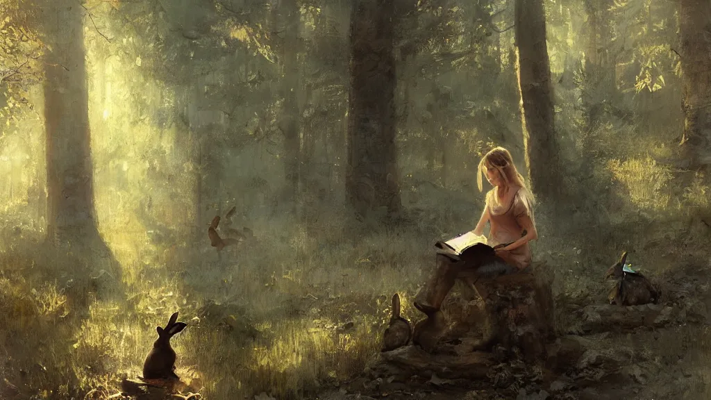 Image similar to cute girl reading on stump in the magical forest, morning light, cute rabbits and deers, by jeremy mann and greg rutkowski, artstation, oil on canvas